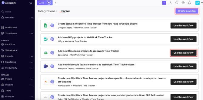 WebWork Time Tracker Integrations Page