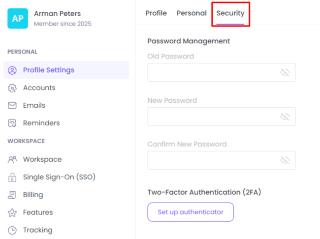 WebWork Time Tracker Profile Settings Security Page