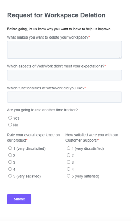 WebWork Time Tracker Workspace Deletion Form 