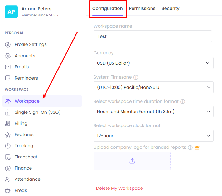 WebWork Time Tracker Workspace Configuration Settings 