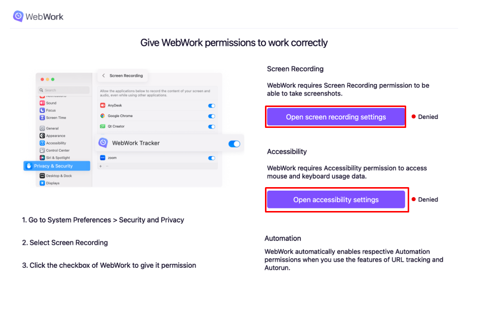 WebWork Silent Tracker permissions pop-up