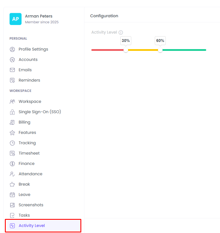 Activity Level Settings 