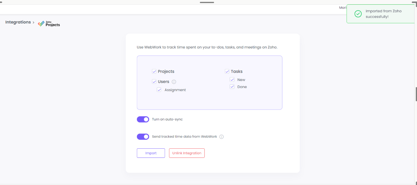 Zoho Projects Integration Settings with WebWork