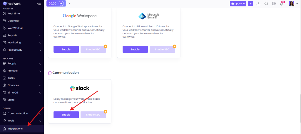 WebWork Integrations page with the Slack card under Communication and its Enable button