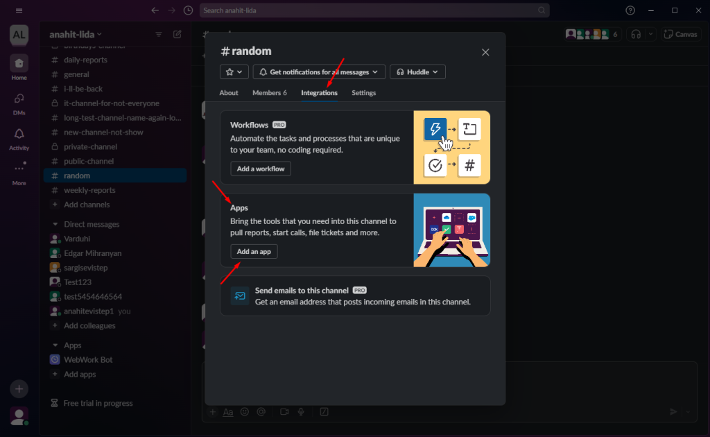 Slack channel details, Integrations tab, with the Add an app button
