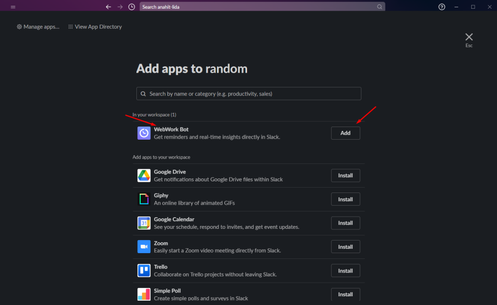 Slack's Add apps list with the WebWork app and its Add button