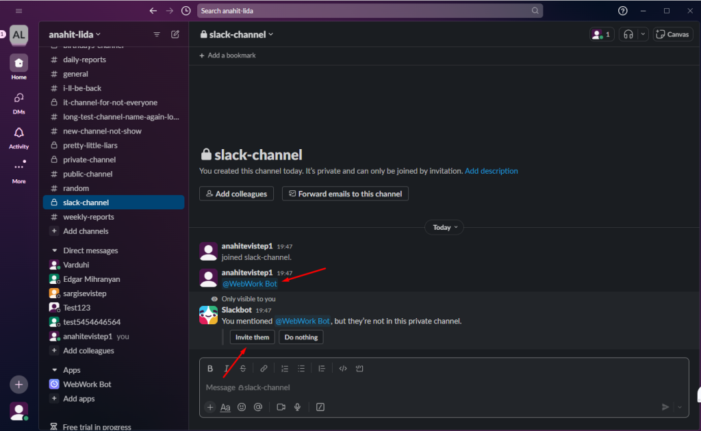 A private Slack channel where @WebWork was mentioned and Slackbot offers to invite it