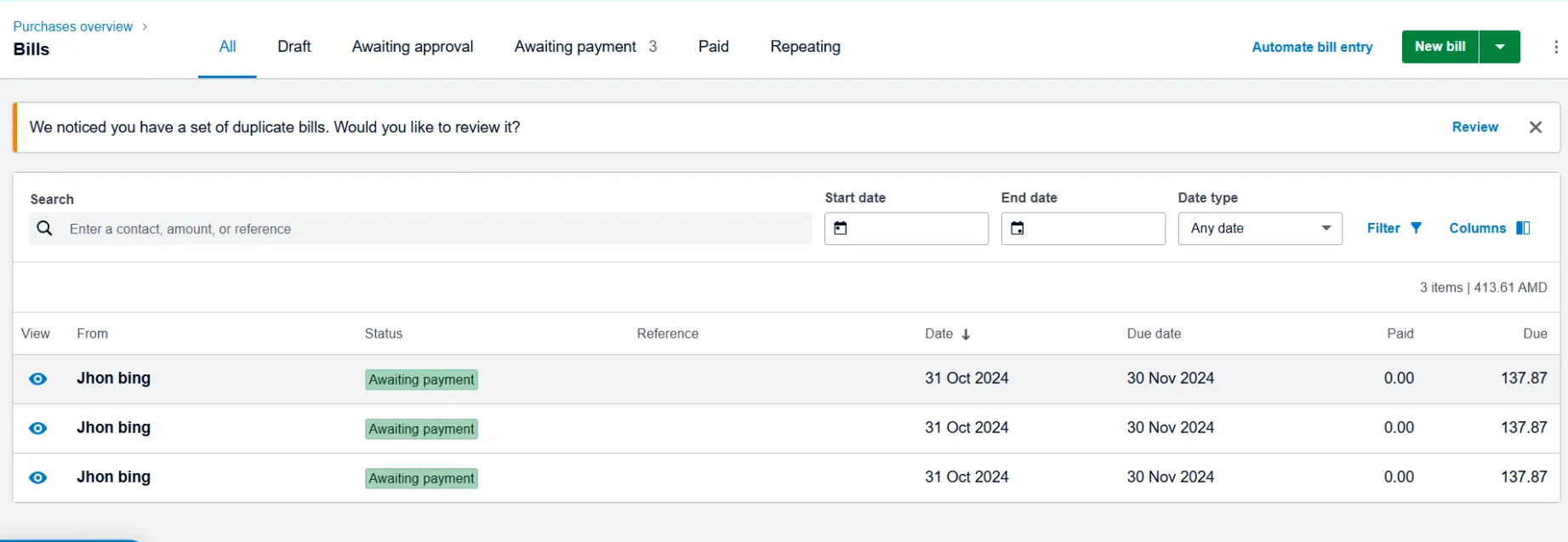 Bills to Pay on Xero