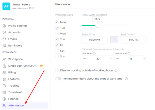 WebWork Time Tracker Attendance Settings Pro Plan