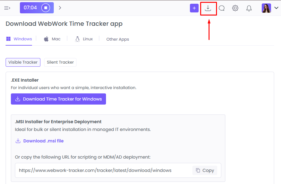download WebWork Desktop App from dashboard
