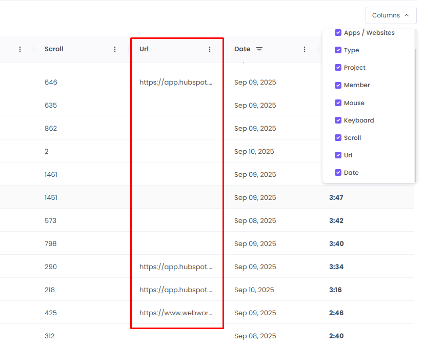 URL tracking column in App and Website report in WebWork