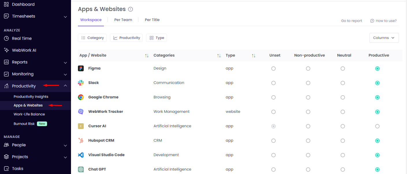 app and website labeling in WebWork