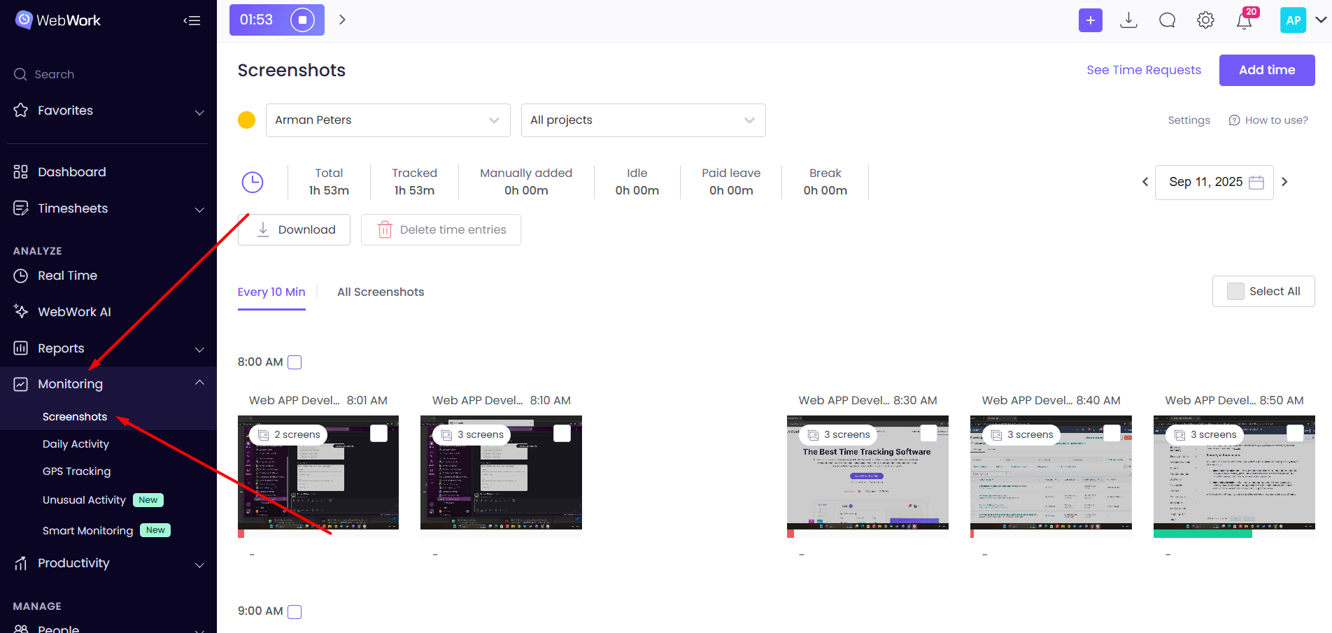 WebWork Time Tracker Screenshots Section
