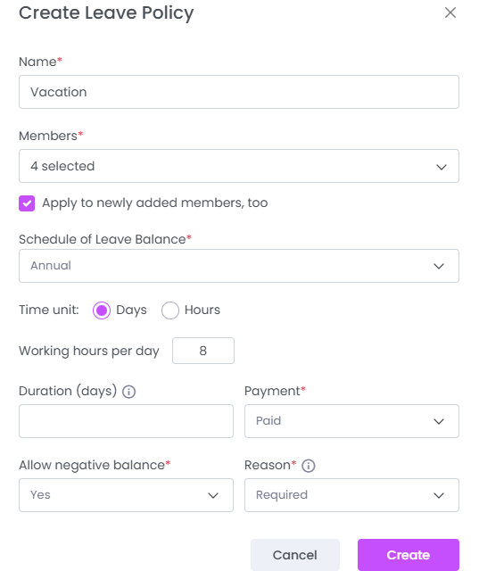 create Leave Policies in WebWork Time Tracker