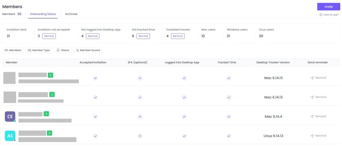 Onboarding status in WebWork Time Tracker