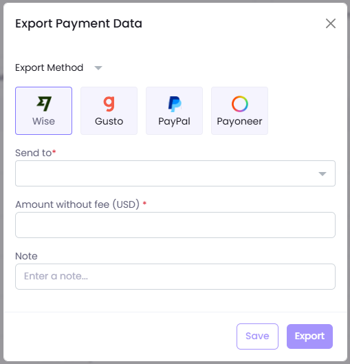 Export payment data for Payoneer in WebWork Time Tracker