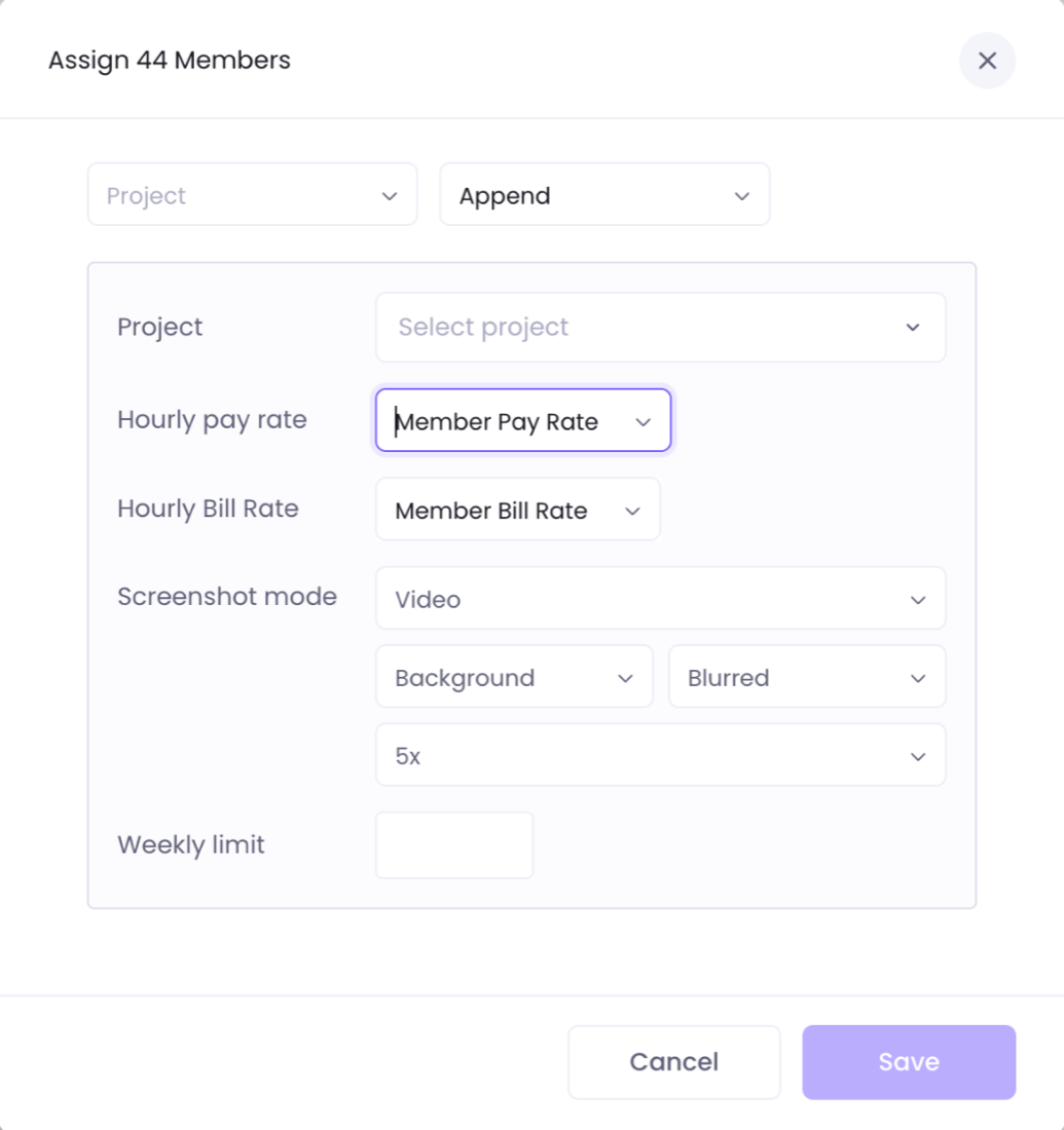 Assign window with Project and Append picked, showing Project, Hourly pay rate, Hourly Bill Rate, Screenshot mode and Weekly limit