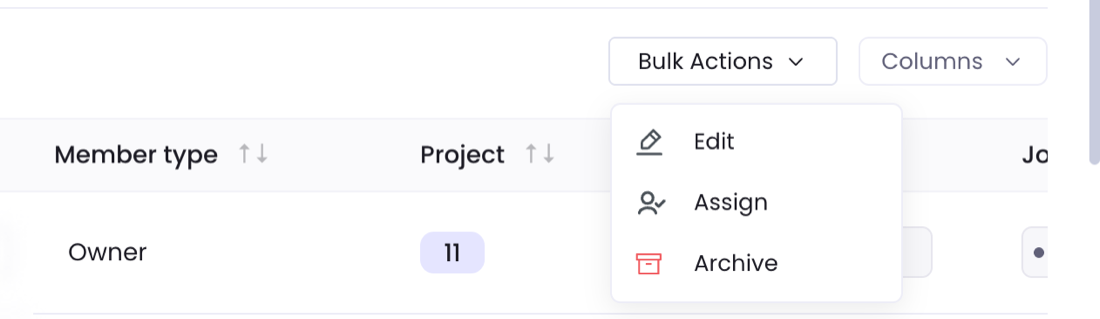 Bulk Actions menu above the members list, open on Edit, Assign and Archive