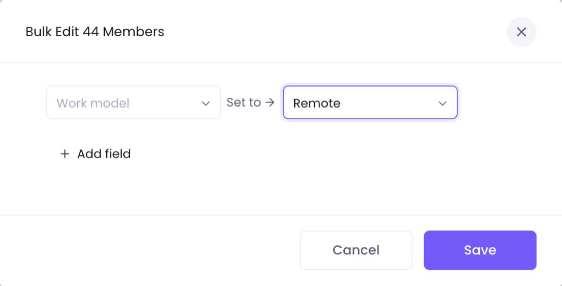 Bulk Edit window with Work model set to Remote, the Add field link, and the Save button