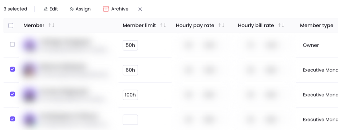 Members list with three members ticked and a bar showing 3 selected, Edit, Assign and Archive