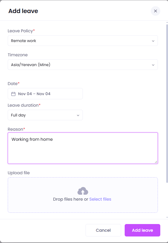 The Add leave window in WebWork, with the Remote work policy and a date selected