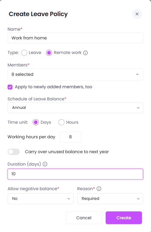 The Create Leave Policy window in WebWork, with Remote work selected as the policy type